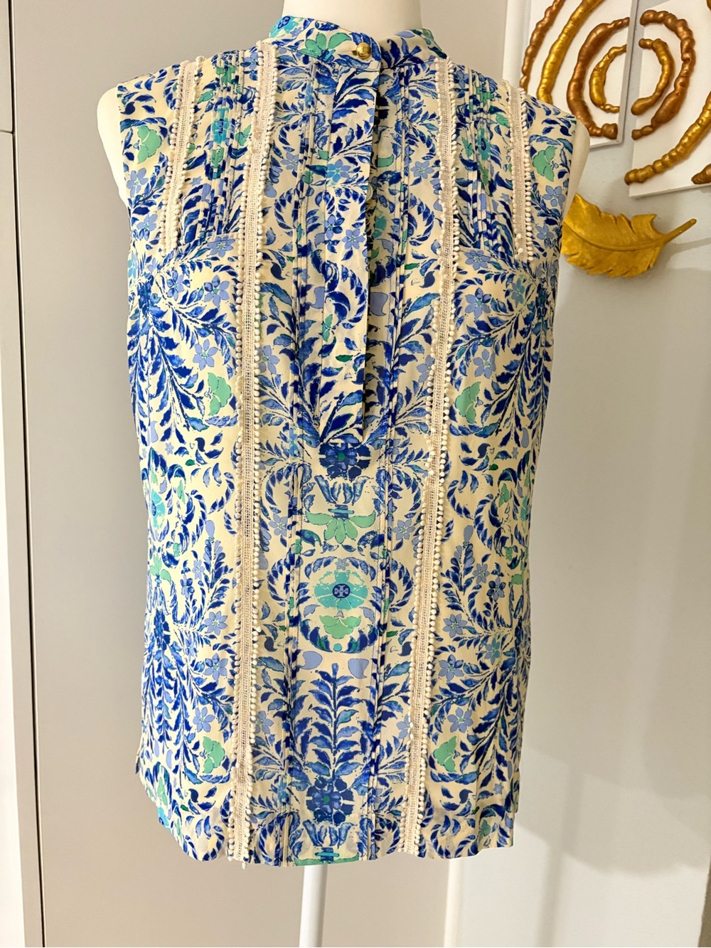Tory Burch Blue and Mint Floral Sleeveless Blouse